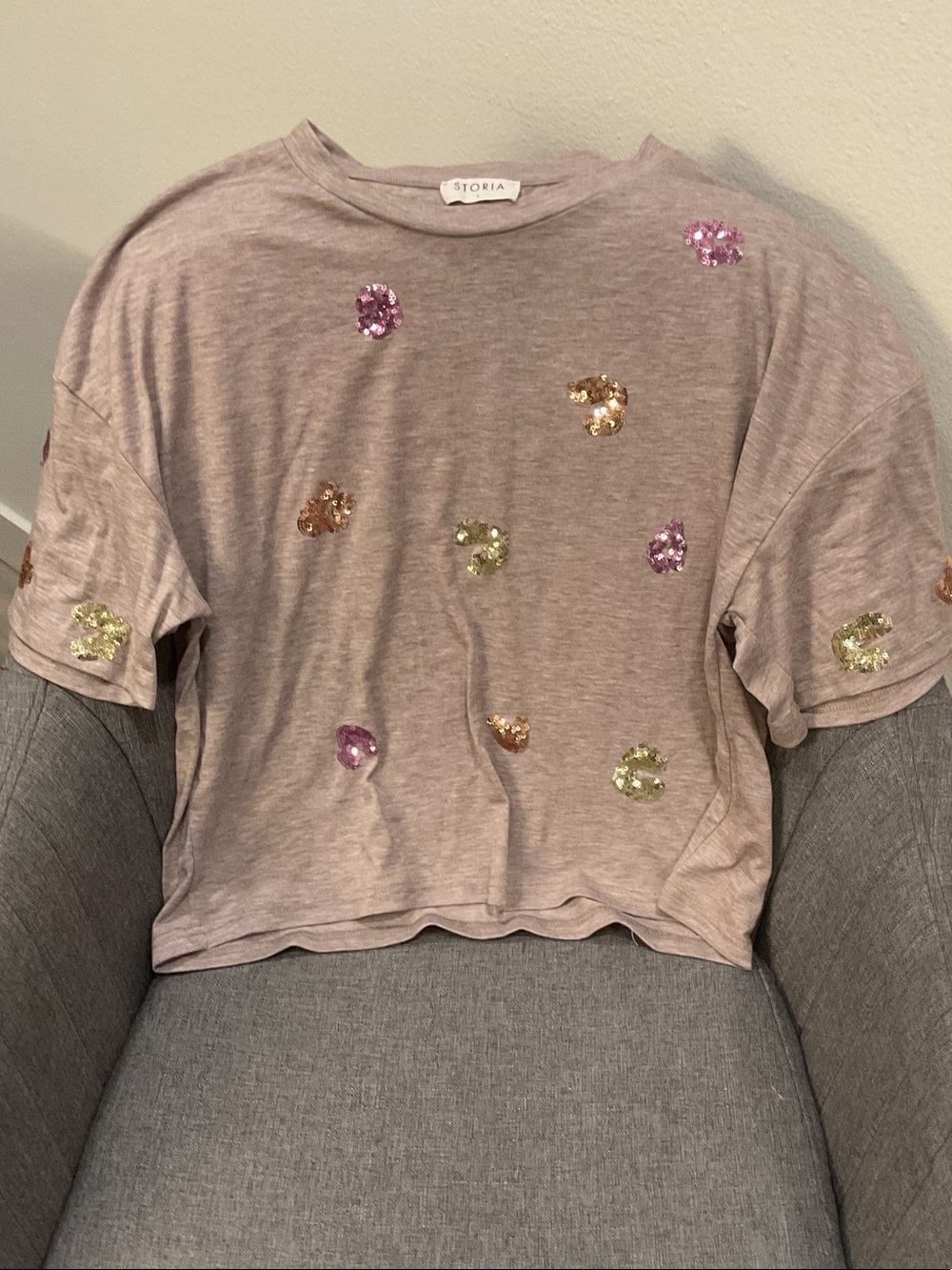 Storia Dusty Beige Tee with Pink, Gold & Light Green Sequins